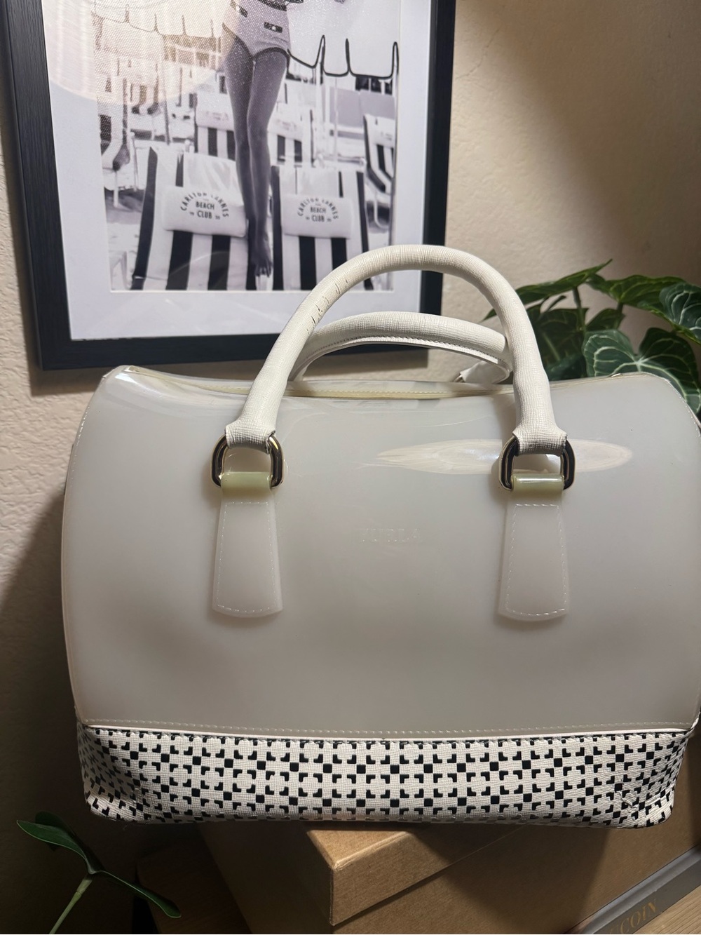Furla Vintage Jelly Candy Satchel White Black Top Handle Bag Made Italy